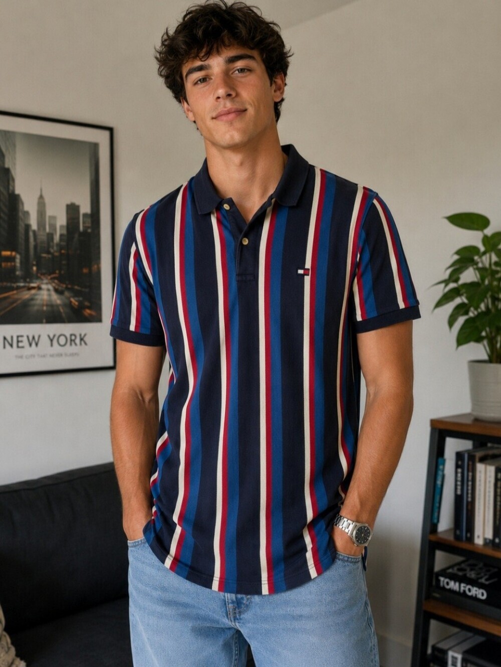 Tommy Hilfiger Men's Size XL Vintage Y2K Striped Polo Longline Patriotic Colors